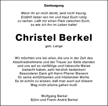 Traueranzeige von Christel Berkel von vrm-trauer