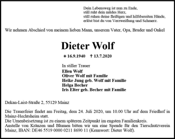 Traueranzeige von Dieter Wolf von vrm-trauer