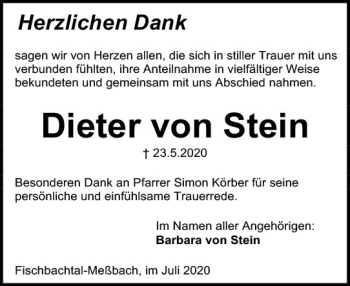Traueranzeige von Dieter von Stein von vrm-trauer