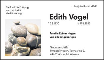 Traueranzeige von Edith Vogel von vrm-trauer