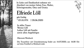 Traueranzeige von Elfriede Löll von vrm-trauer