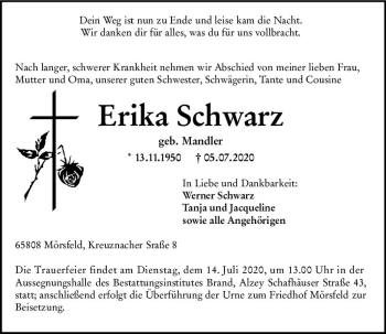 Traueranzeige von Erika Schwarz von vrm-trauer