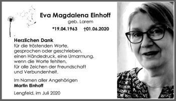 Traueranzeige von Eva Magdalena Einhoff von vrm-trauer