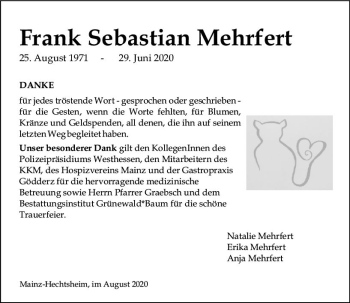Traueranzeige von Frank Sebastian Mehrfert von vrm-trauer