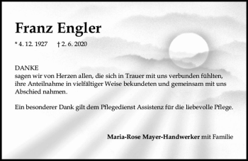 Traueranzeige von Franz Engler von vrm-trauer