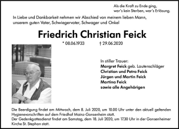 Traueranzeige von Friedrich Christian Feick von vrm-trauer