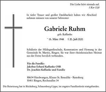 Traueranzeige von Gabriele Ruhm von vrm-trauer