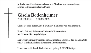 Traueranzeige von Gisela Bodenheimer von vrm-trauer