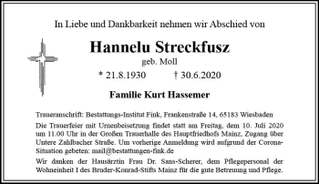 Traueranzeige von Hannelu Streckfusz von vrm-trauer