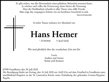 Traueranzeige von Hans Hemer von vrm-trauer