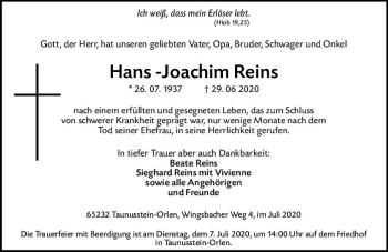 Traueranzeige von Hans-Joachim Reins von vrm-trauer