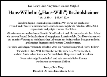 Traueranzeige von Hans-Wilhelm Bechtoisheimer von vrm-trauer
