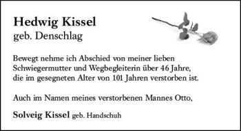 Traueranzeige von Hedwig Kissel von vrm-trauer