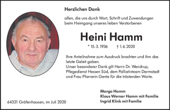 Traueranzeige von Heini Hamm von vrm-trauer