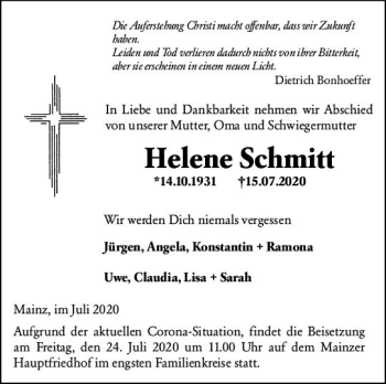Traueranzeige von Helene Schmitt von vrm-trauer