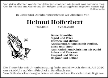 Traueranzeige von Helmut Hofferbert von vrm-trauer