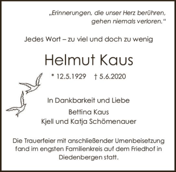 Traueranzeige von Helmut Kaus von vrm-trauer