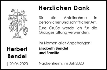 Traueranzeige von Herbert Bendel von vrm-trauer