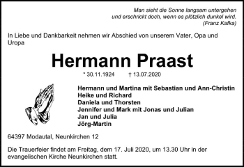 Traueranzeige von Hermann Praast von vrm-trauer