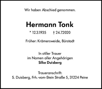 Traueranzeige von Hermann Tonk von vrm-trauer