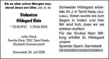 Traueranzeige von Hildegard Klein von vrm-trauer