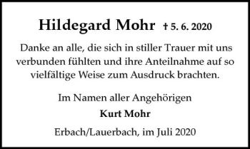 Traueranzeige von Hildegard Mohr von vrm-trauer