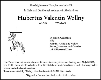 Traueranzeige von Hubertus Valentin Wollny von vrm-trauer