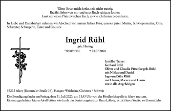 Traueranzeige von Ingrid Rühl von vrm-trauer