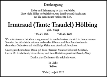 Traueranzeige von Irmtraud Hölbing von vrm-trauer