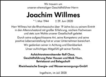 Traueranzeige von Joachim Willmes von vrm-trauer
