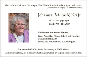 Traueranzeige von Johanna Kraft von vrm-trauer