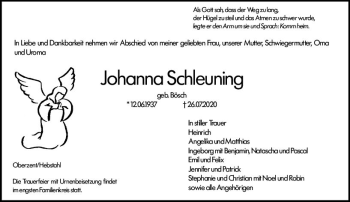 Traueranzeige von Johanna Schleuning von vrm-trauer