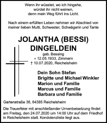 Traueranzeige von Jolantha Dingeldein von vrm-trauer