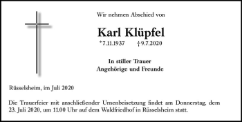 Traueranzeige von Karl Klüpfel von vrm-trauer