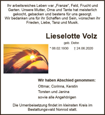Traueranzeige von Lieselotte Volz von vrm-trauer