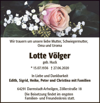 Traueranzeige von Lotte Völger von vrm-trauer