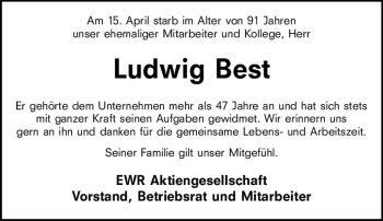 Traueranzeige von Ludwig Best von vrm-trauer