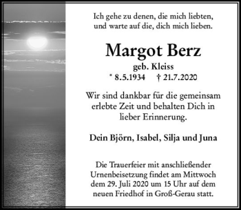 Traueranzeige von Margot Berz von vrm-trauer