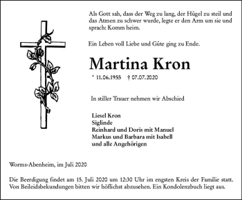 Traueranzeige von Martina Kron von vrm-trauer