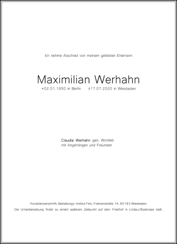 Traueranzeige von Maximilian Werhahn von vrm-trauer