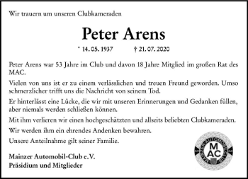Traueranzeige von Peter Arens von vrm-trauer