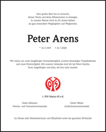 Traueranzeige von Peter Arens von vrm-trauer