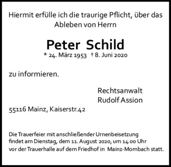 Traueranzeige von Peter Schild von vrm-trauer