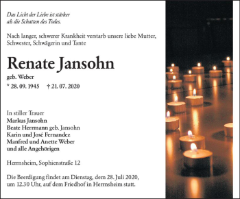 Traueranzeige von Renate Jansohn von vrm-trauer