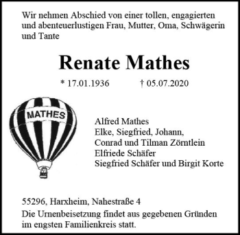 Traueranzeige von Renate Mathes von vrm-trauer