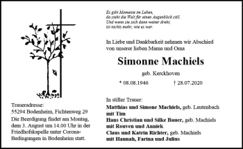 Traueranzeige von Simonne Machiels von vrm-trauer