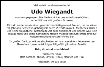 Traueranzeige von Udo Wiegandt von vrm-trauer