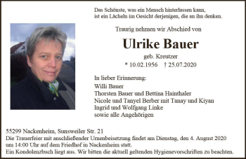 Traueranzeige von Ulrike Bauer von vrm-trauer