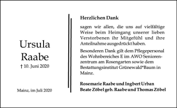 Traueranzeige von Ursula Raabe von vrm-trauer