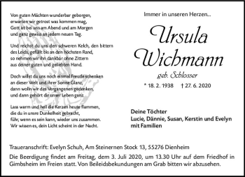 Traueranzeige von Ursula Wichmann von vrm-trauer